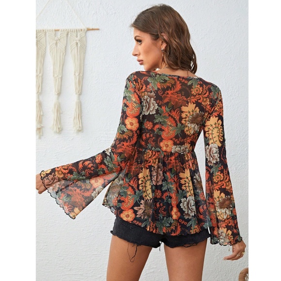 Sheer Mesh Bohemian Floral Flared V-Neck Shirt Long Bell Sleeve - Picture 4 of 13